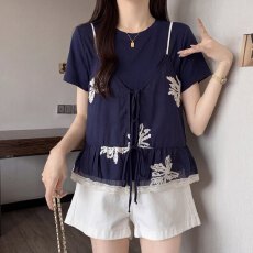 批发大码 漂亮的两件套短袖T恤女款刺绣<b class='q'>蕾丝</b>系带高级感可外穿