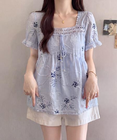 빅 사이즈 여성 의류 술 측면 레이스 칼라 자수 인형 셔츠