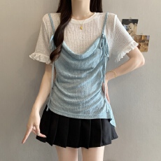 批发大码 假两件蝴蝶结吊带<b class='q'>t</b><b class='q'>恤</b>女26夏季新款木耳边针织短袖上衣
