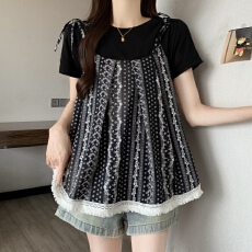 批发减龄假两件短袖<b class='q'>T</b><b class='q'>恤</b>2026夏季新款大码女装胖mm宽松遮肚子上衣