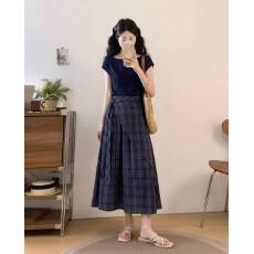 批发大码 蓝色格纹<b class='q'>连衣裙</b>女不规则拼接裙<b class='q'>修身</b>显瘦荡领长裙系带收腰