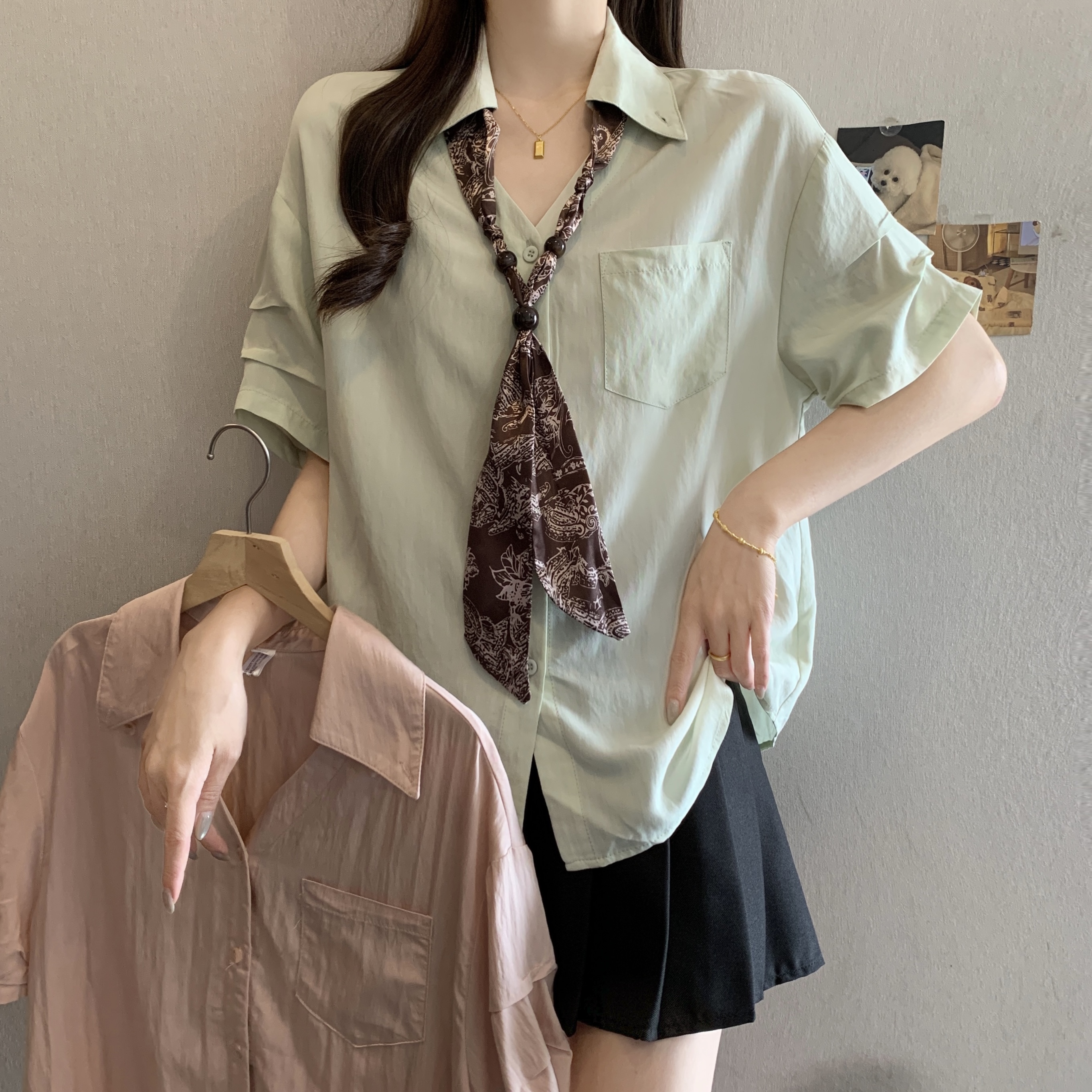 RY6365# V领短袖衬衫女夏季2026新款气质巨好看丝巾领带衬衣独特上衣