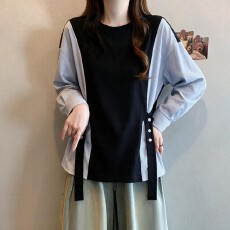 批发大码 2026年秋季新款黑蓝拼接长袖T恤女上衣