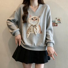 批发大码 猫咪印花长袖卫衣女装2026秋季新款设计感V领花灰色宽松上衣