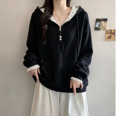 批发大码 黑色半拉链连帽卫衣女2026秋季韩系设计感宽松带帽套头上衣