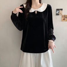 批发<b class='q'>大码</b> 黑色丝绒上衣女撞色娃娃领蝴蝶结长袖气质衬衫