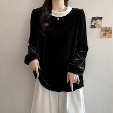 批发大码  复古撞色缎面立领丝绒长袖衬衫新款高级感女装