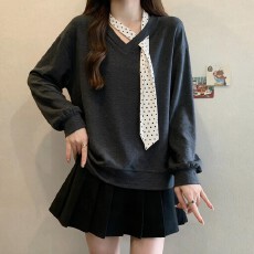 批发<b class='q'>大码</b> 款波点丝巾飘带宽松卫衣灰色秋冬<b class='q'>长袖</b>上衣女
