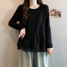 批发荷叶边拼接长袖卫衣 大码女装秋季胖mm时尚百搭宽松上衣