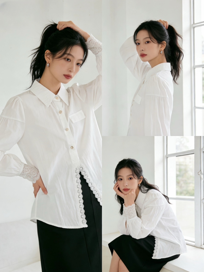 2026 봄 새로운 일본과 한국 낭만주의 바람 벌룬 소매 여성 셔츠 레이스 조각 작은 대중 패션 디자인 센스 맨위