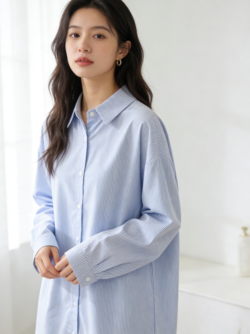 분말 스트라이프 블루 스트라이프 셔츠 드레스 2026 새로운 한 부서 루즈핏 캐주얼 레트로 표지 고기 연령 감소 다용도 롱 스커트 여성