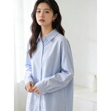 批发粉条纹蓝条纹<b class='q'>衬衫</b>裙2026新款韩系宽松休闲复古遮肉减龄百搭长裙女