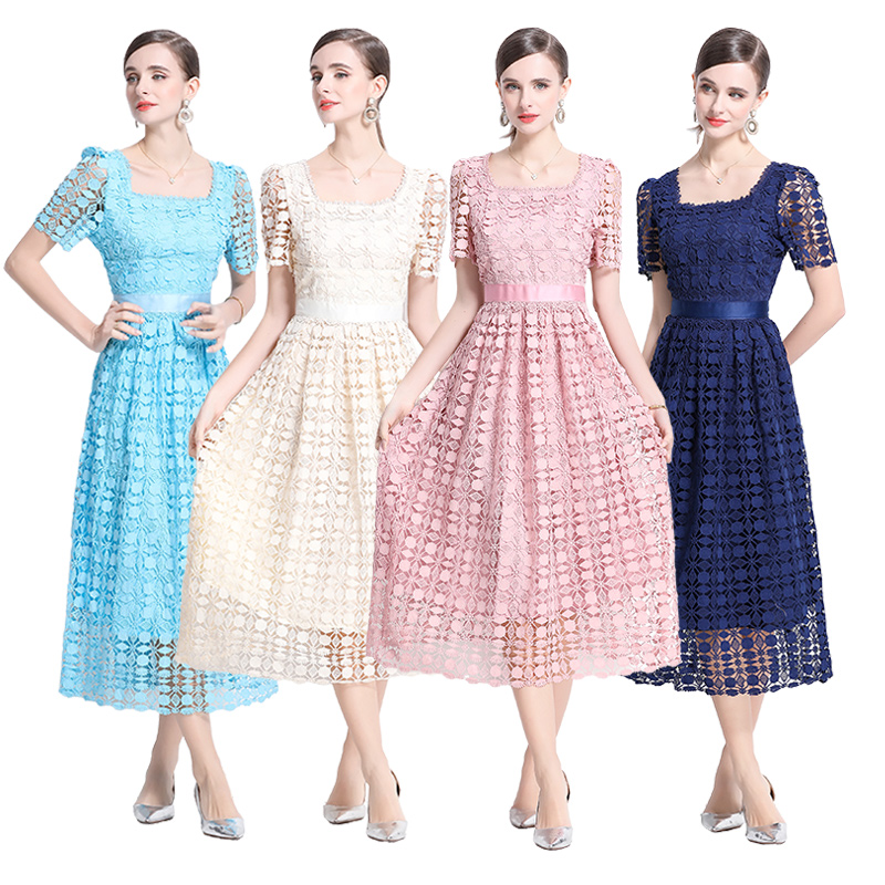 RY1774# 实拍原创轻奢高级感时尚显瘦镂空水溶蕾丝定位中长款连衣裙