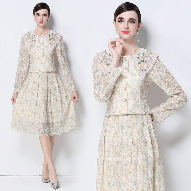 MY15319# 原创轻奢高级感时尚显瘦镂空刺绣印花定位套装女裝貨源服裝批...