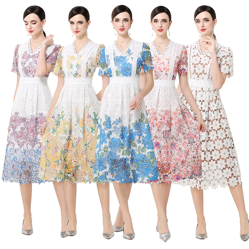 RY1771# 实拍原创V领时尚显瘦镂空水溶蕾丝定位中长款连衣裙