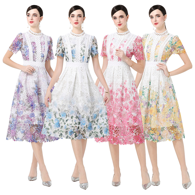 RY1773# 实拍原创短袖感时尚显瘦镂空水溶蕾丝定位中长款连衣裙