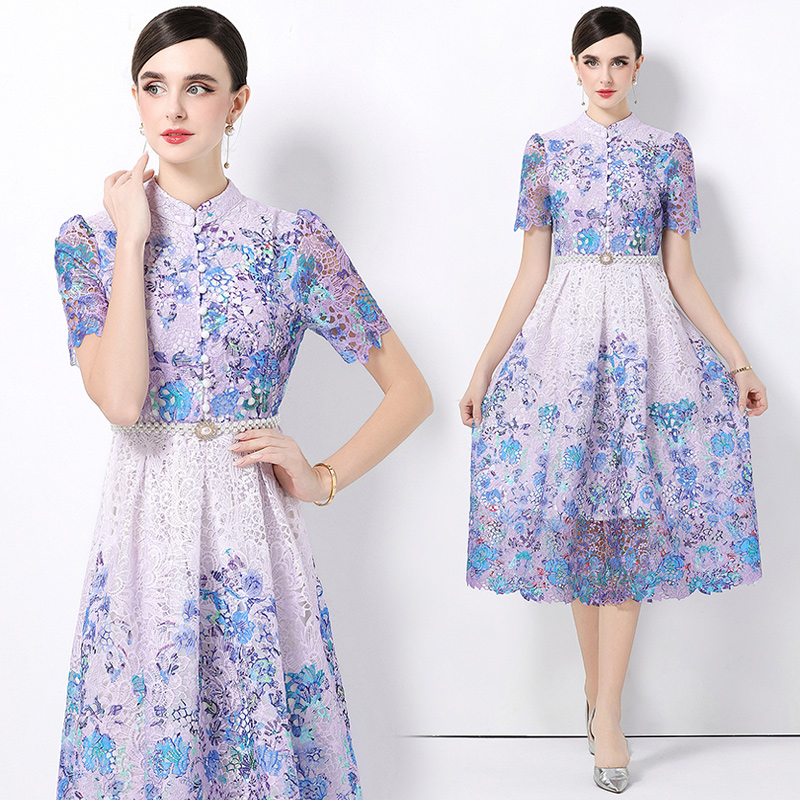 RY1775# 实拍原创短袖感时尚显瘦镂空水溶蕾丝定位中长款连衣裙