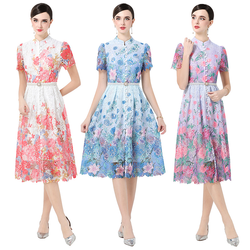 RY1708# 实拍原创短袖感时尚显瘦镂空水溶蕾丝定位中长款连衣裙