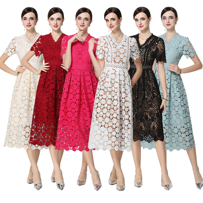 RY1772# 实拍原创V领时尚显瘦镂空水溶蕾丝定位中长款连衣裙