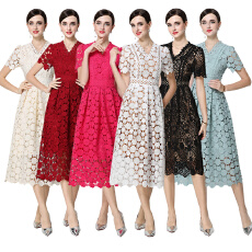 批发实拍原创V领时尚显瘦镂空水溶蕾丝定位中长款<b class='q'>连衣裙</b>