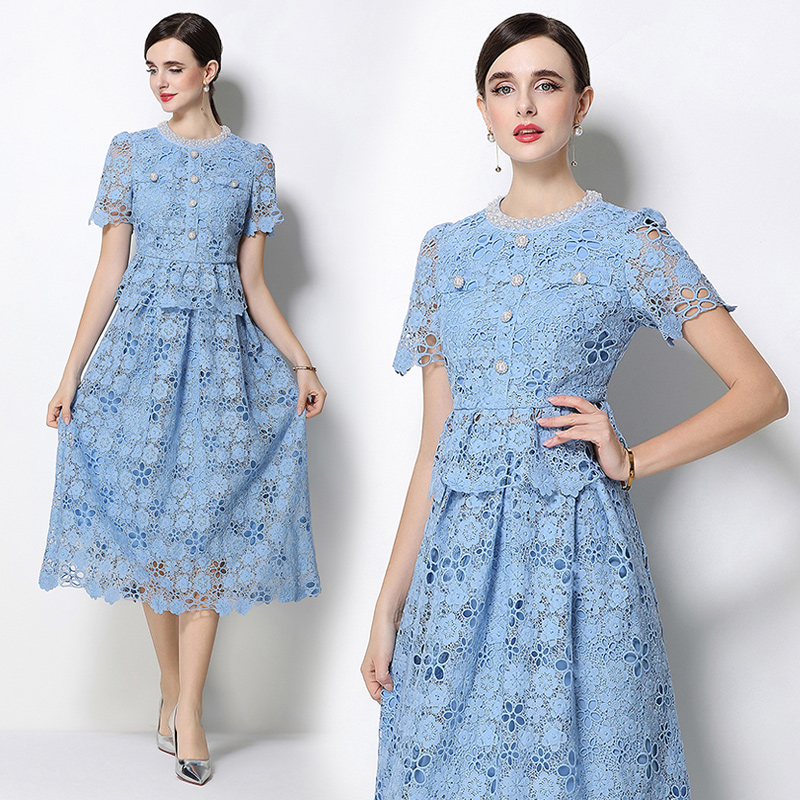 RY1776# 实拍原创轻奢高级感时尚显瘦镂空水溶蕾丝定位套装裙