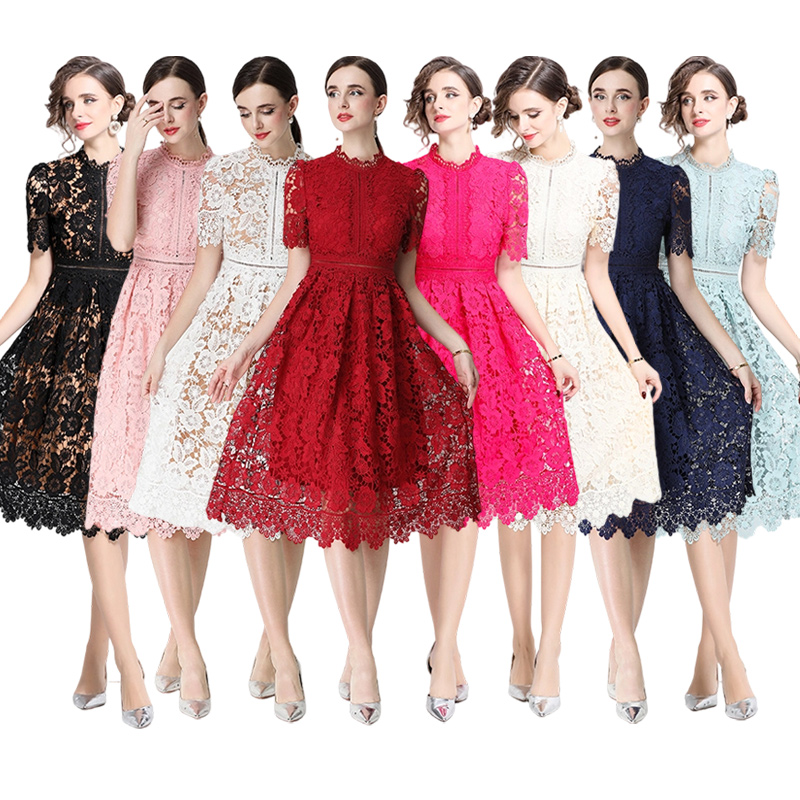 RY3085# 实拍短袖显瘦镂空水溶蕾丝定位中长款连衣裙