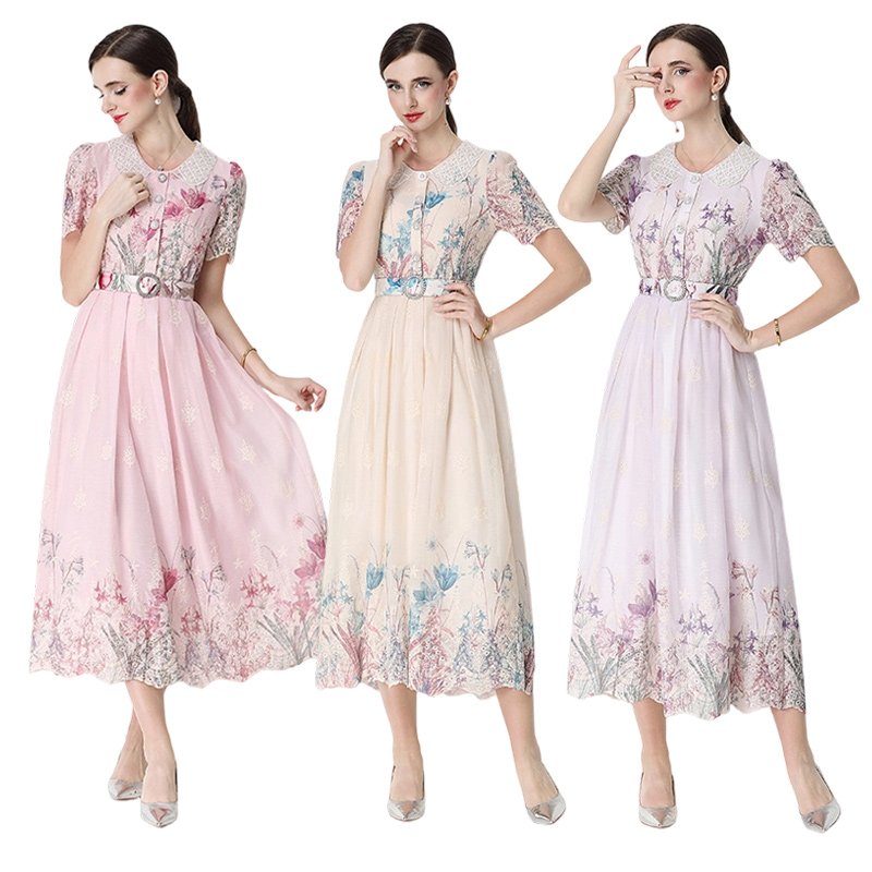 RY3084# 实拍原创轻奢高级感时尚显瘦刺绣定位印花连衣裙