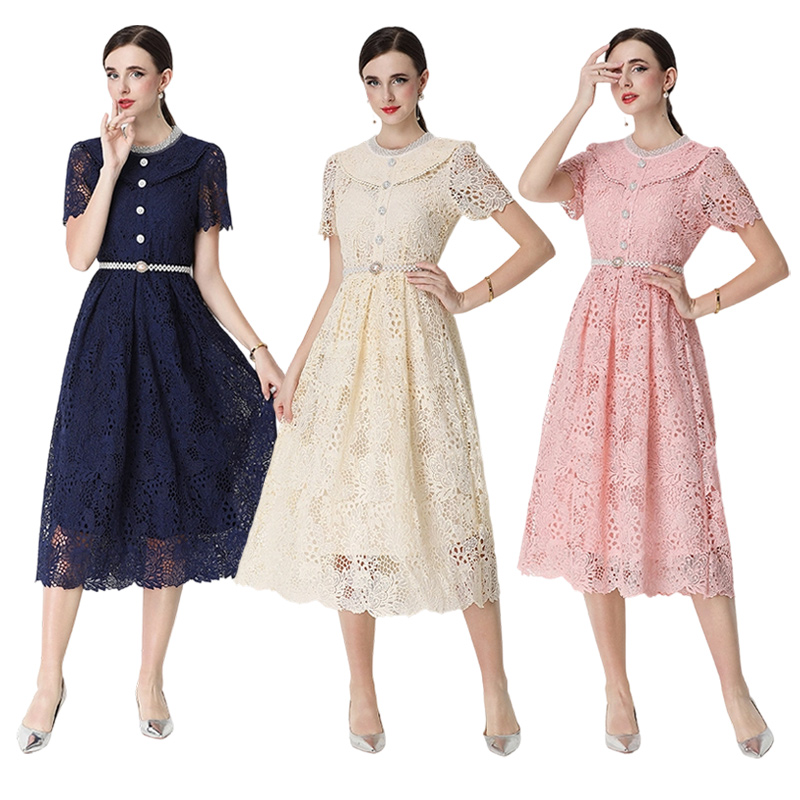 RY3083# 实拍短袖显瘦镂空水溶蕾丝中长款连衣裙