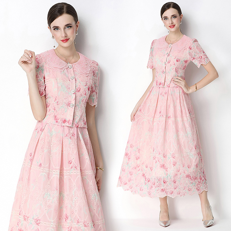 실사 오리지널 빛 럭셔리 고급 센스 패션 슬림해 보이는 자수 포지셔닝 프린트 세트 드레스