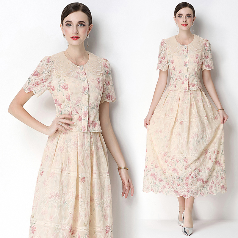 실사 오리지널 빛 럭셔리 고급 센스 패션 슬림해 보이는 자수 포지셔닝 프린트 세트 드레스