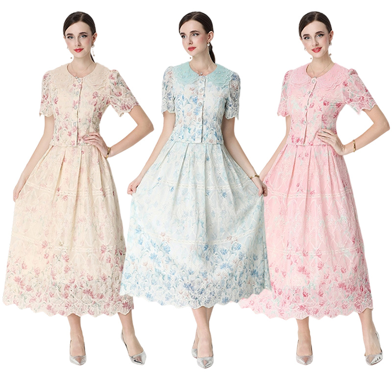 RY3082# 实拍原创轻奢高级感时尚显瘦刺绣定位印花套装裙