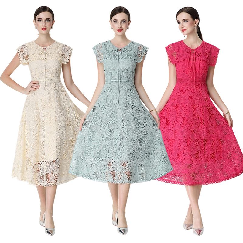 RY3081# 实拍短袖显瘦镂空水溶蕾丝中长款连衣裙