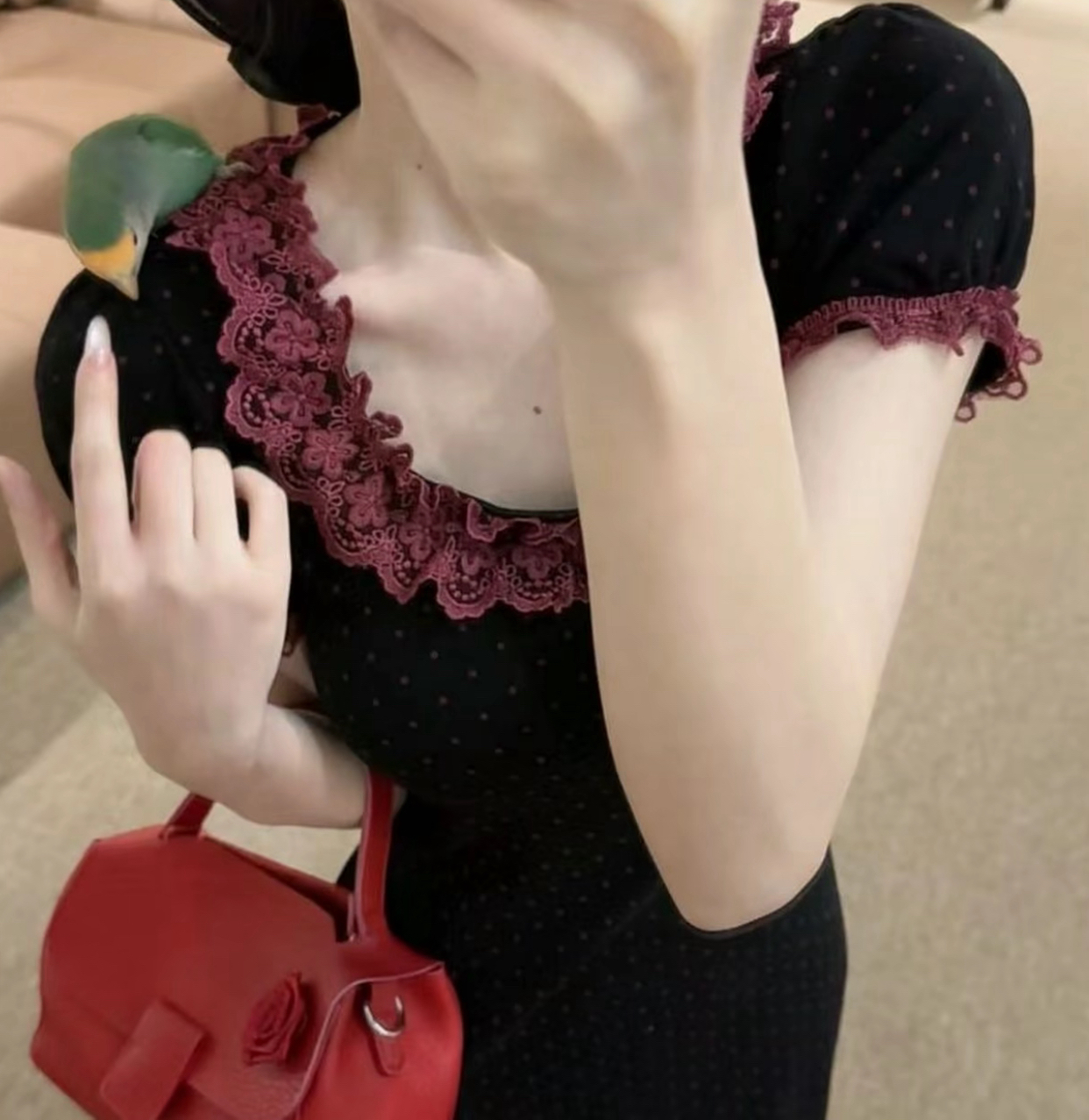 os&oneshow 여름 품격 슬림해 보이는 프랑스식 도트 무늬 디자인 센스 레이스 허리 수축 몸매 가꾸기 인어 꼬리 롱 스커트