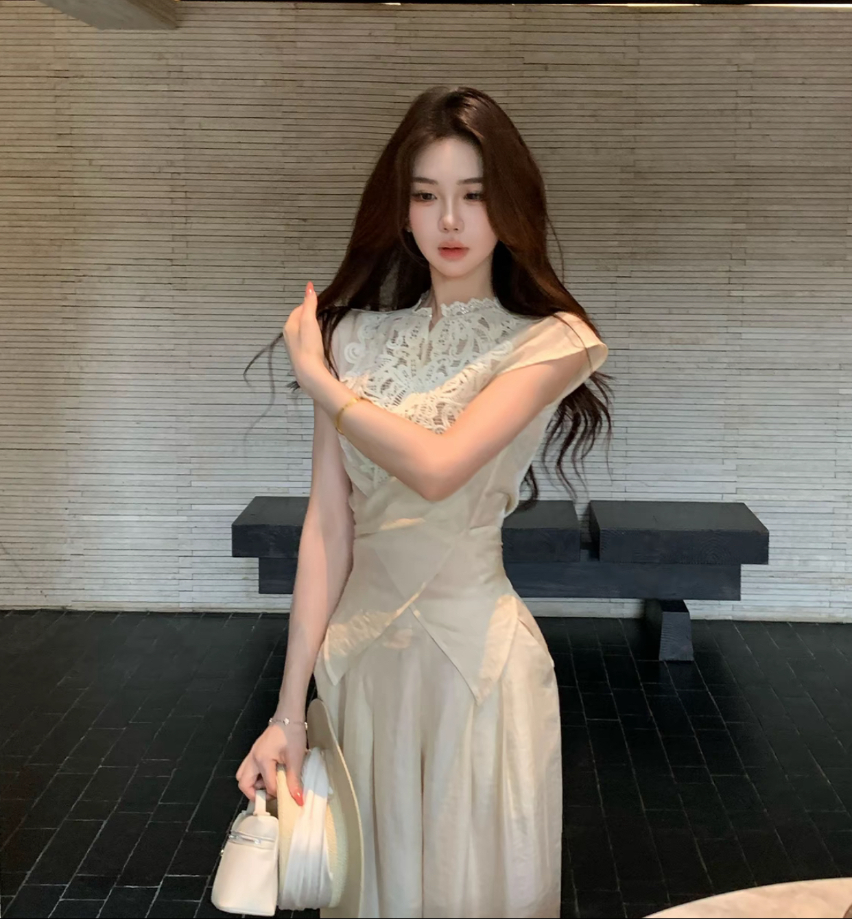 무쯔리 목자이 ~ 중 리 대나무 커튼 서식지 부드러운 디자인 센스 레이스 조각 마이크로 ~을 통해 레이스업 맨위 주간 실크 와이드 레그 팬츠 세트