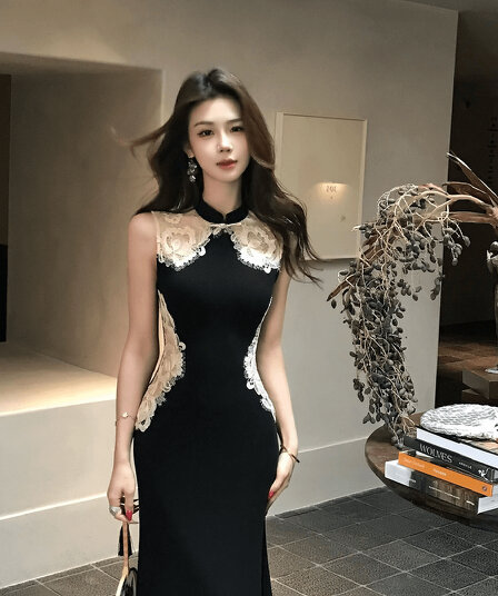 무쯔리 목자이 ~ 중 리 블랙 바람 화신 중식 디자인 센스 민소매 몸매 가꾸기 스탠드 칼라 단추 레이스 드레스