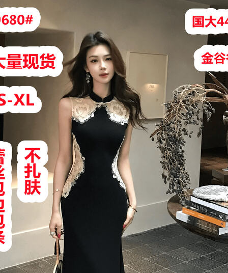 무쯔리 목자이 ~ 중 리 블랙 바람 화신 중식 디자인 센스 민소매 몸매 가꾸기 스탠드 칼라 단추 레이스 드레스