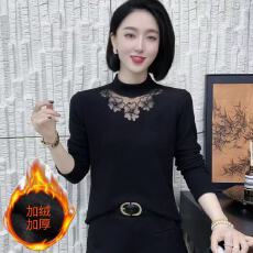 批发半高领蕾丝镂空打底衫女秋冬2025新款时尚加绒加厚遮肚显瘦t恤衫