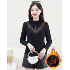 批发加绒加厚秋冬装气质半高领打底衫女2025新款镶钻<b class='q'>蕾丝</b>洋气<b class='q'>长袖</b>T恤