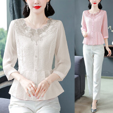 批发2026春新款七分袖提花<b class='q'>雪纺衫女</b>花瓣领漂亮小衫洋气减龄遮肚子上衣