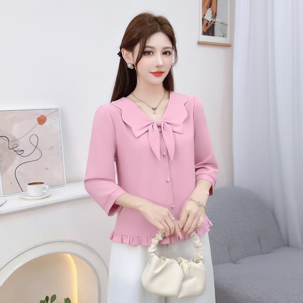 RY560# 时尚气质中袖T恤女春季新款好看气质蝴蝶结上衣百搭显瘦打底小衫