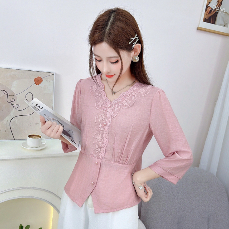 RY559# 蕾丝花边拼接V领中袖衬衫女2026新款高级感法式气质显瘦百搭上衣