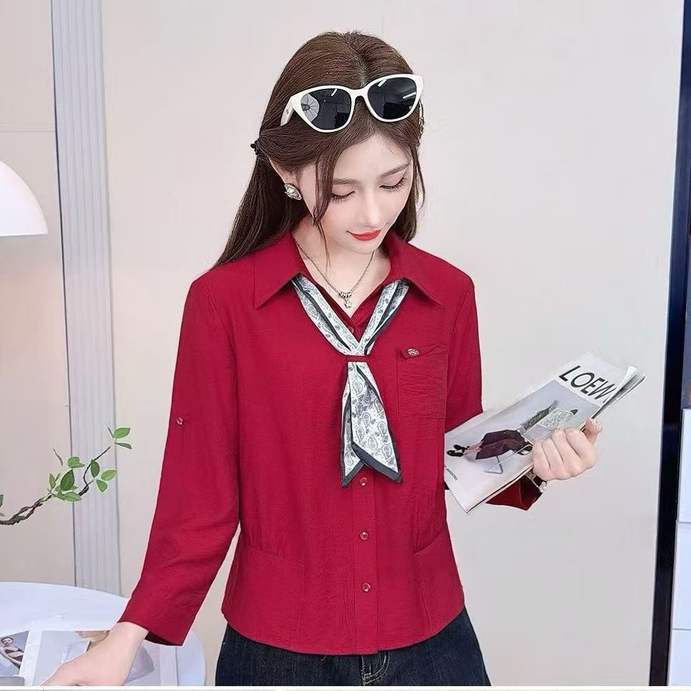 RY557# 气质名媛淑女风七分袖衬衫2026春季新款丝巾百搭设计感女士衬衣