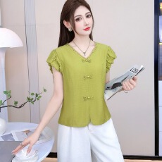 批发洋气减龄棉麻<b class='q'>短袖</b>女2026夏季新款V领蕾丝拼接通勤休闲花瓣袖上衣