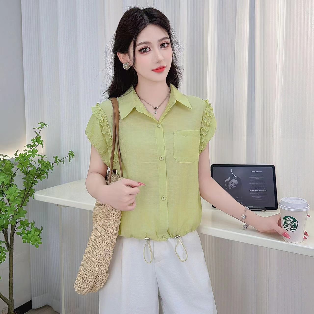 RY555# 夏季短袖百搭淑女衬衣韩版气质显瘦小衫减龄休闲衬衫收腰上衣打底