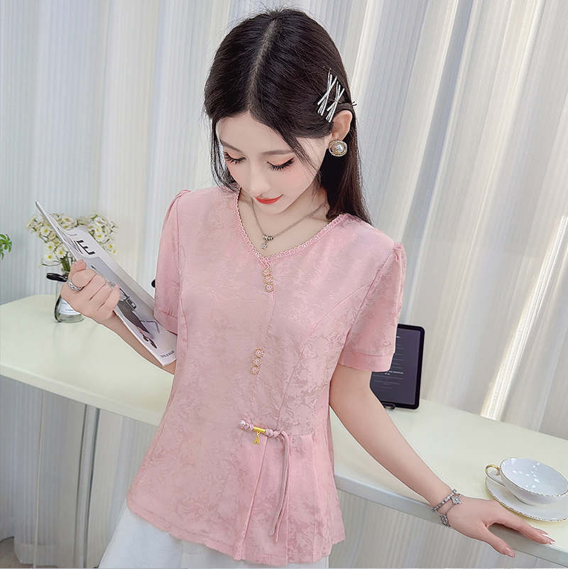 RY3443# 实拍新中式V领短袖提花衬衫女2026夏季新款气质收腰显瘦上衣小衫