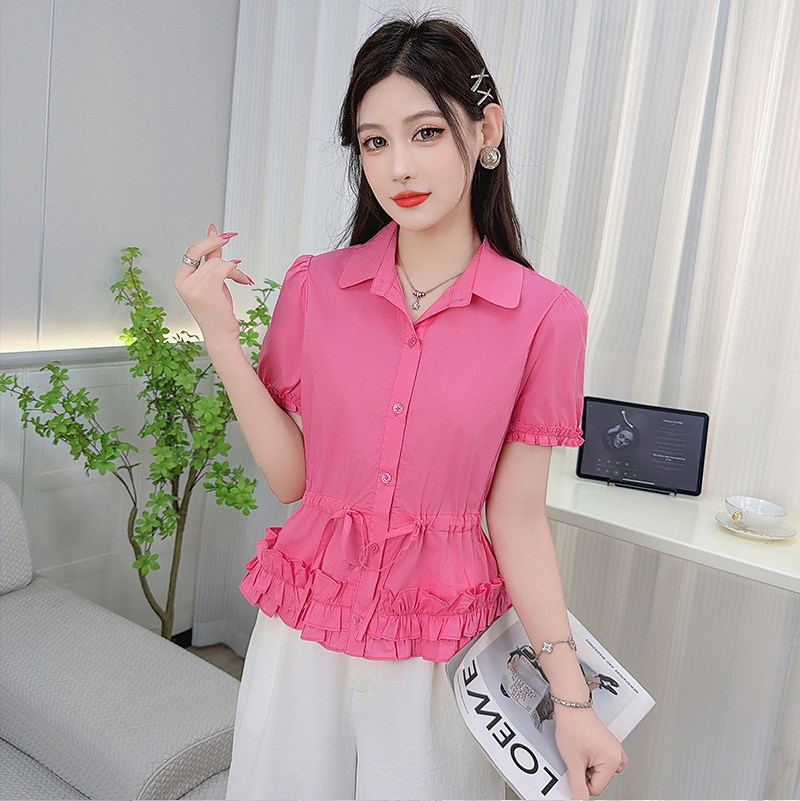 RY3441# 法式木耳边翻领短袖衬衫女2026夏季新款收腰绑带慵懒风显瘦上衣