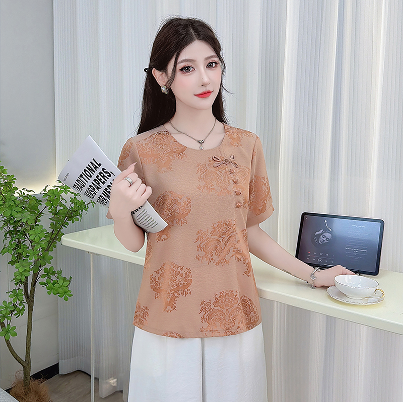RY3434# 2026新款雪纺短袖夏妈妈装新中式小衫洋气时尚短袖T恤上衣