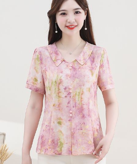 어머니 드레스 여름 반팔 베이비 칼라 프린트 쉬폰 블라우스 중년 여성 연령 감소 허리 수축 슬림해 보이는 외국 가스 작은 셔츠