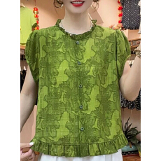 批发洋气花色木耳边短袖衬衫夏季新款时尚减龄<b class='q'>中年</b>女装轻薄透气小衫