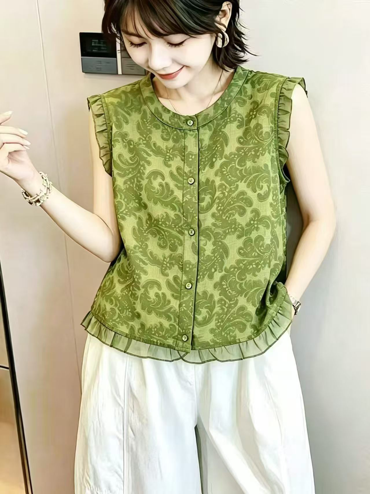 无袖提花衬衫女夏季款时尚气质网...
